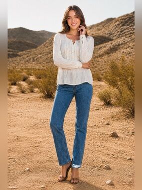 Women’s White Ruffle-Front Peasant Blouse